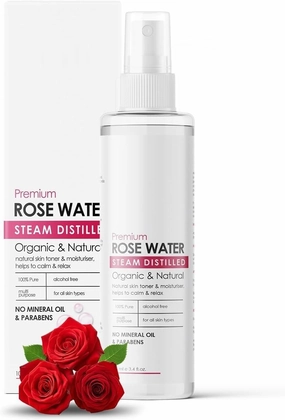 100% Organic & Natural Premium Rose Water/Skin Toner (Gulab Jal) for Face & Skin, 100ml (Steam Distilled, No Alcohol, Chemical & Paraben Free)