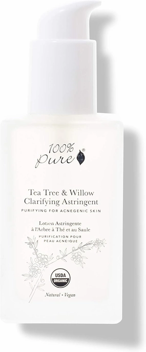 100% PURE Tea Tree & Willow Clarifying Astringent, Natural Acne Treatment, Alcohol Free, Hydrating Toner - 4 Fl Oz