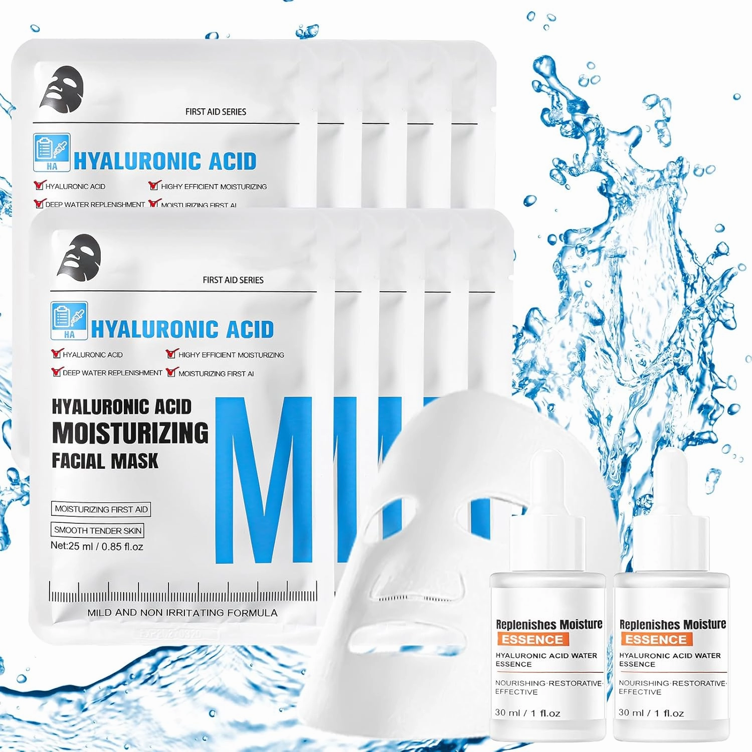 10 Pack Hydrating Sheet Mask & 2 Bottle Hydrating Serum, Facial Mask and Moisturizing Serum, Soothing Moisturizing, Elasticity Improvement, Face Masks Skincare for All Skin Types