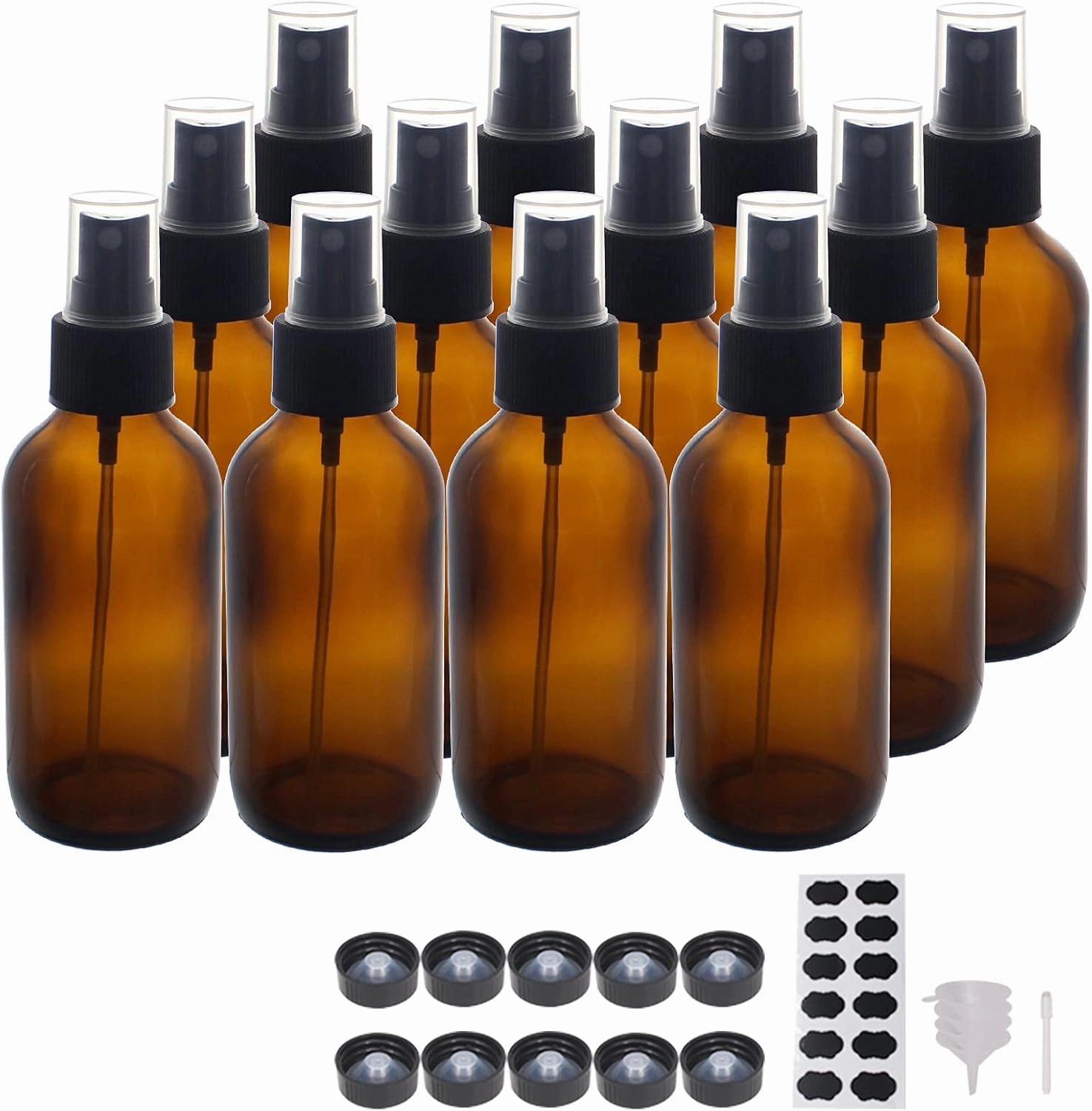 12 Pack 4 oz Amber Glass Spray Bottles 4oz Fine Mist Spray Bottle For Essential Oils, Perfumes, Alcohol, Watering Flowers, Cosmetic Spray Bottle, Refillable Liquid Containers