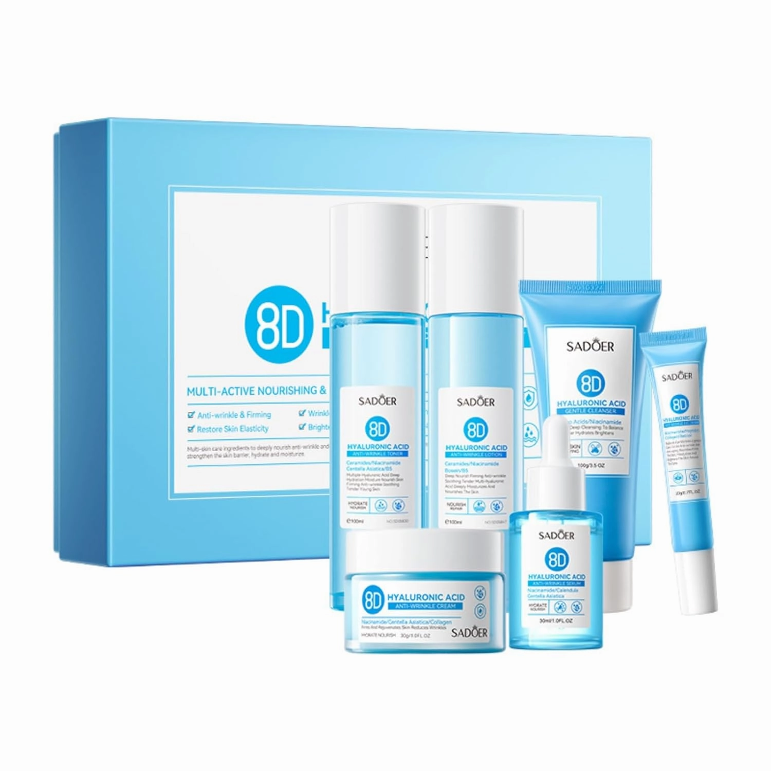 2 Pack For SADOER 8D Hyaluronic Acid Skin Care Gift Set,6 Piece Moisturizing Skincare Set,Cleansing Skin Care Kit,Facial Skin Care Sets Kits,cleanser toner lotion eye cream Facial creams serums