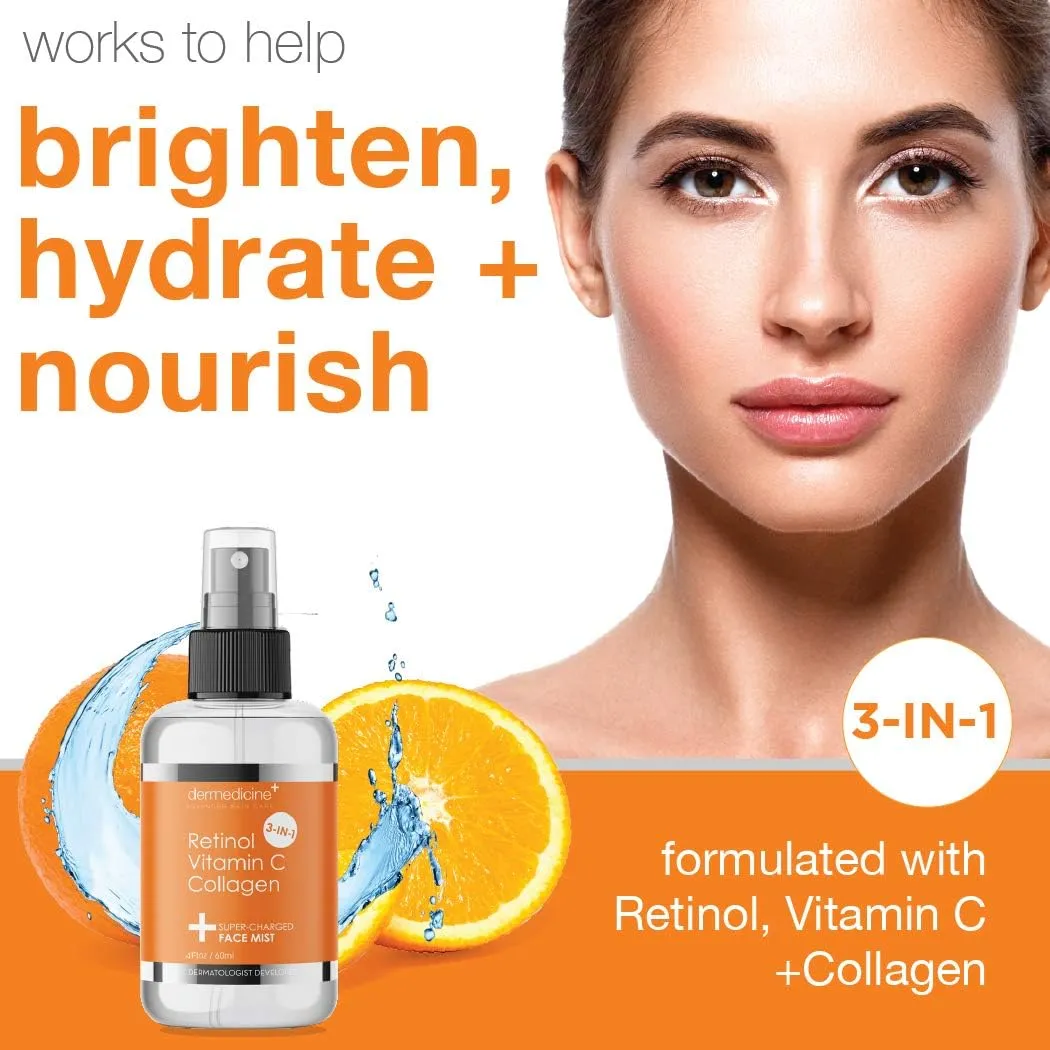 3 in 1 Super-Charged Anti-Aging Face Mist w/Retinol, Vitamin C   Collagen | Hydrates, Refreshes & Brightens for a More Glowing Complexion | 4 fl oz, 120 ml