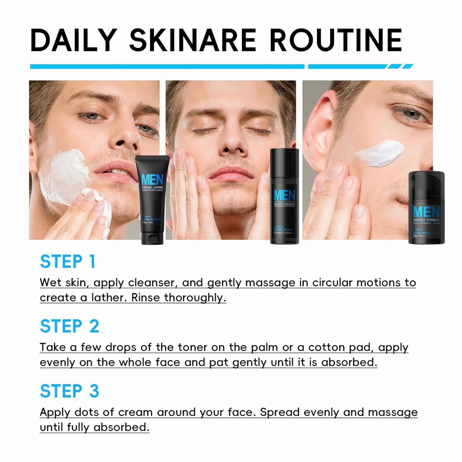 3PCS Cool Oil Control Mens Facial Care Kit, Mens Skin Care Kit With Face Wash, Moisturizer, Toner, Lotion, Face Mask, For Hydrating, Deep Cleansing