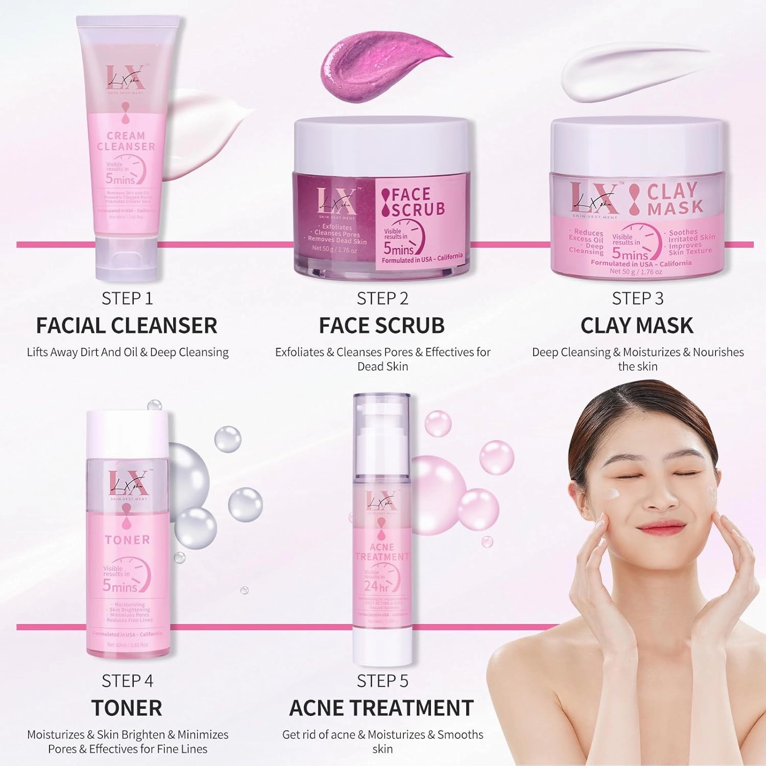 5 Step Skincare Kit with Cleanser, Face Scrub, Clay Mask,Toner & Acne Serum for Teens and Adults