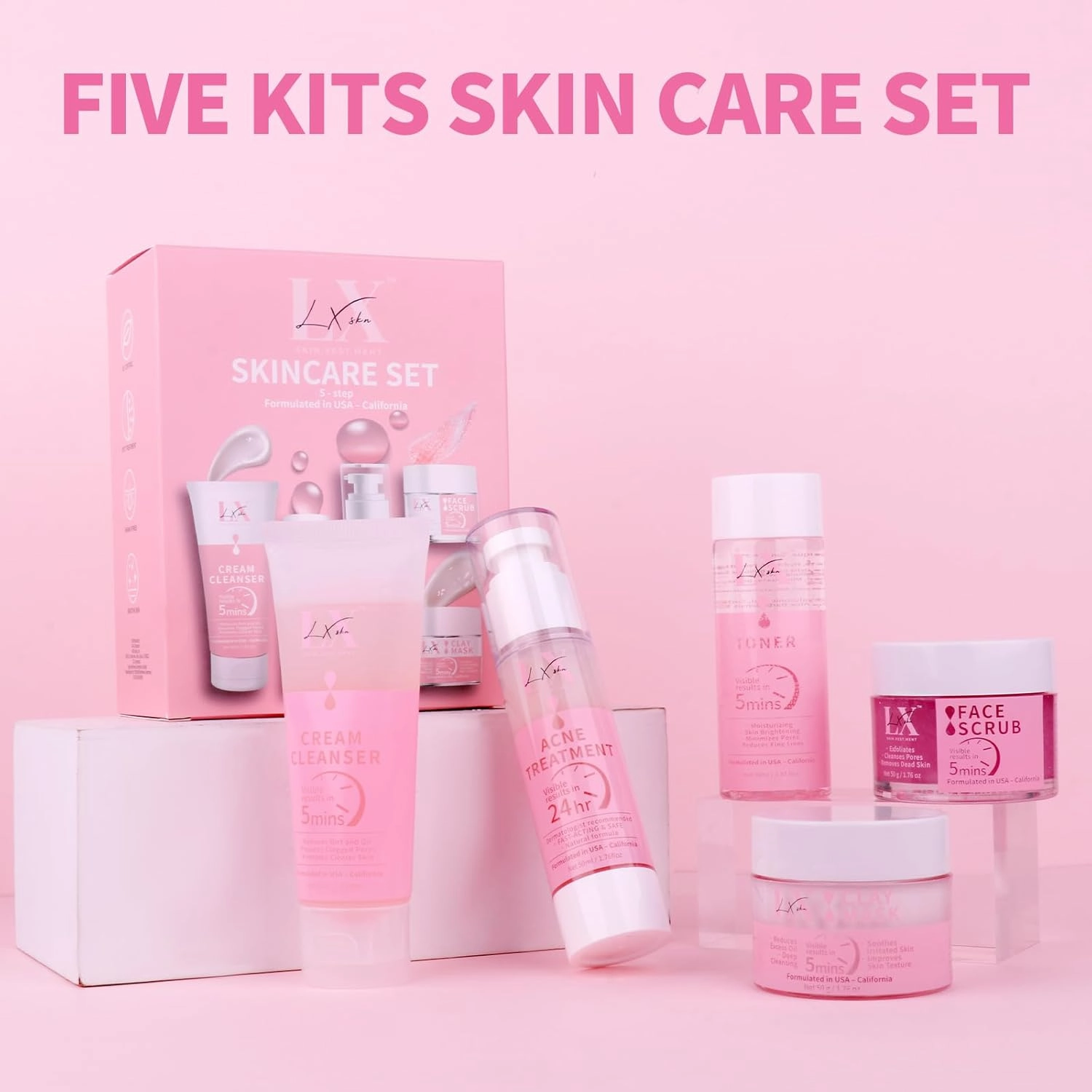 5 Step Skincare Kit with Cleanser, Face Scrub, Clay Mask,Toner & Acne Serum for Teens and Adults