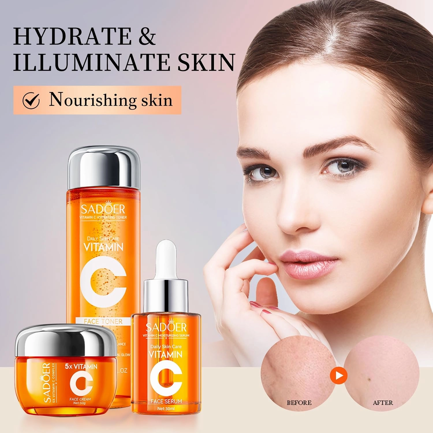5x Vitamin C Skincare Set,Revitalizing Toner, Nourishing Essence, Face Moisturizer, Deep Cleansing & Hydration Balance, Refines Pores & Enhances Luminosity, Unique Gift for Women