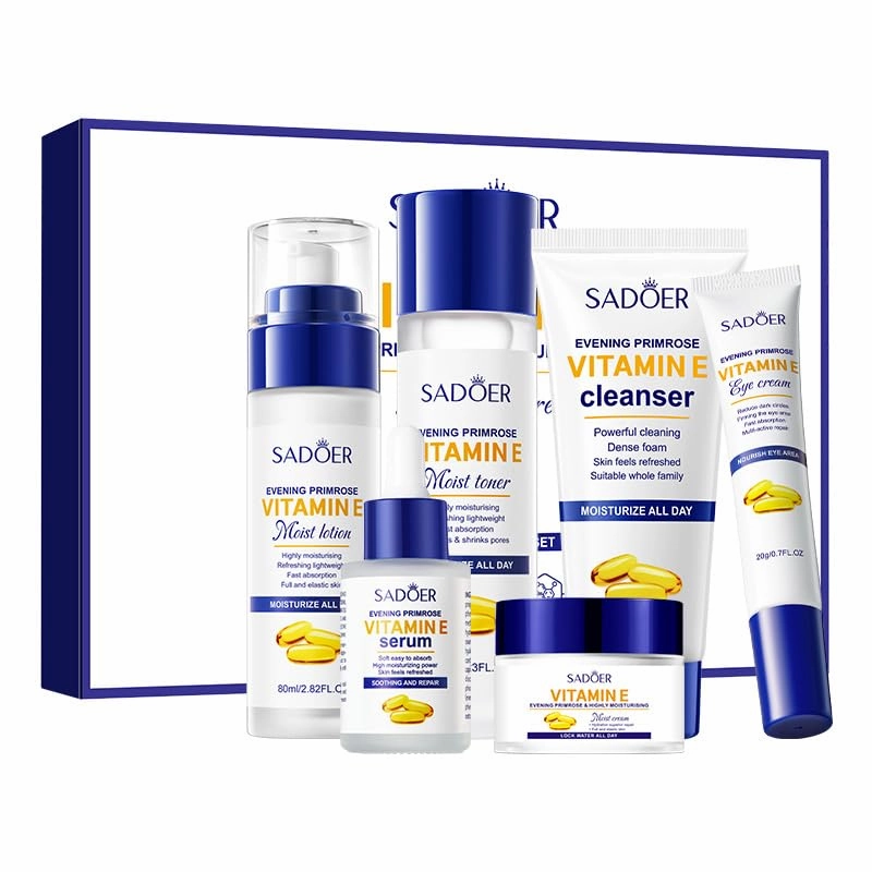 6-Piece Evening Primrose & Vitamin E Skincare Set | Hydrating Anti-Aging Routine for Dry/Sensitive Skin | Cleanser, Toner, Lotion, Serum, Cream, Eye Cream