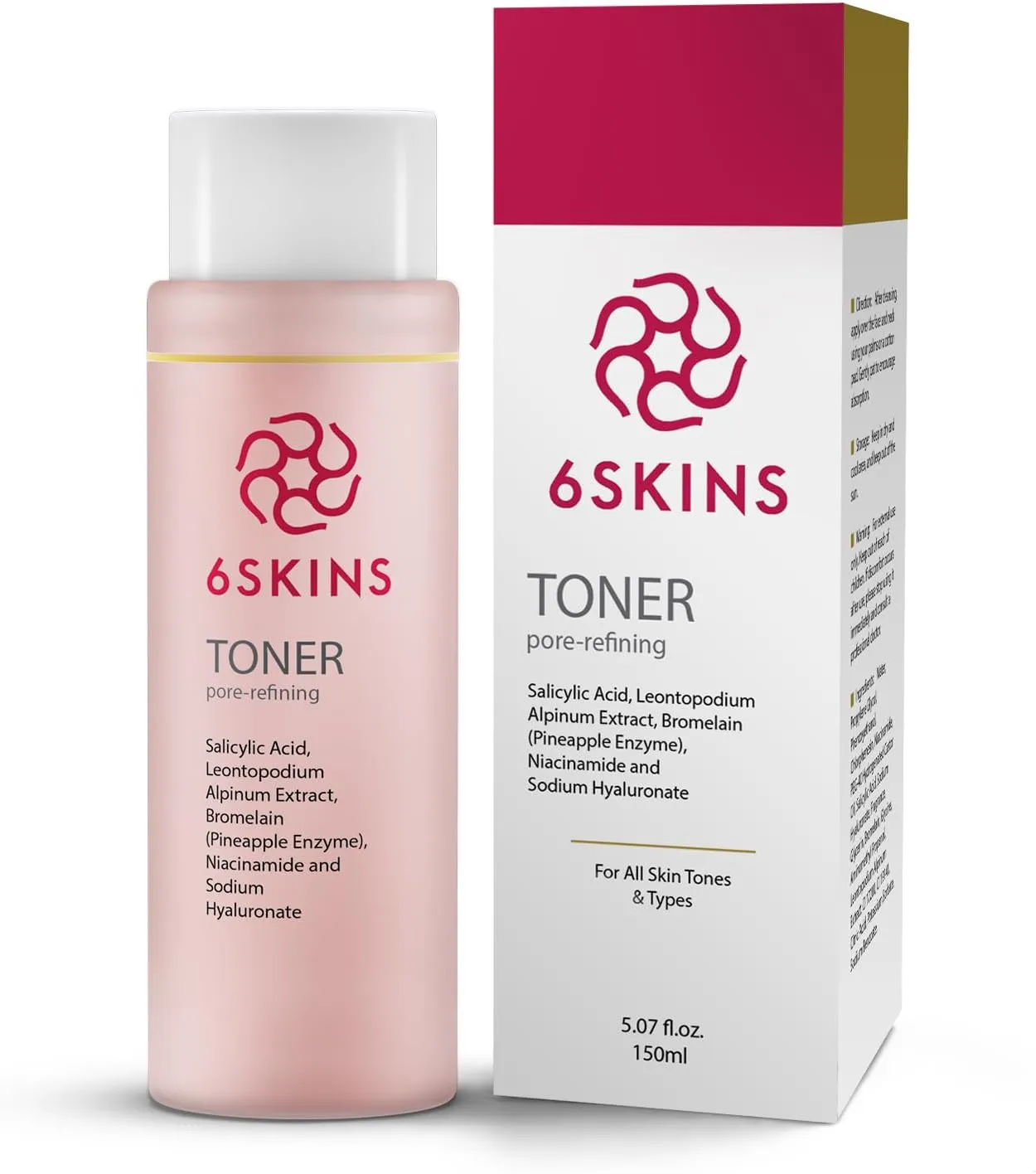 6SKINS® Pore Refining Toner for Face – Hydrating Face Exfoliator with Salicylic Acid (BHA), AHA, Niacinamide & Hyaluronic Acid | Reduces Pores, Wrinkles, Oil & Enhances Glow | 150 ml - 5.07 fl oz