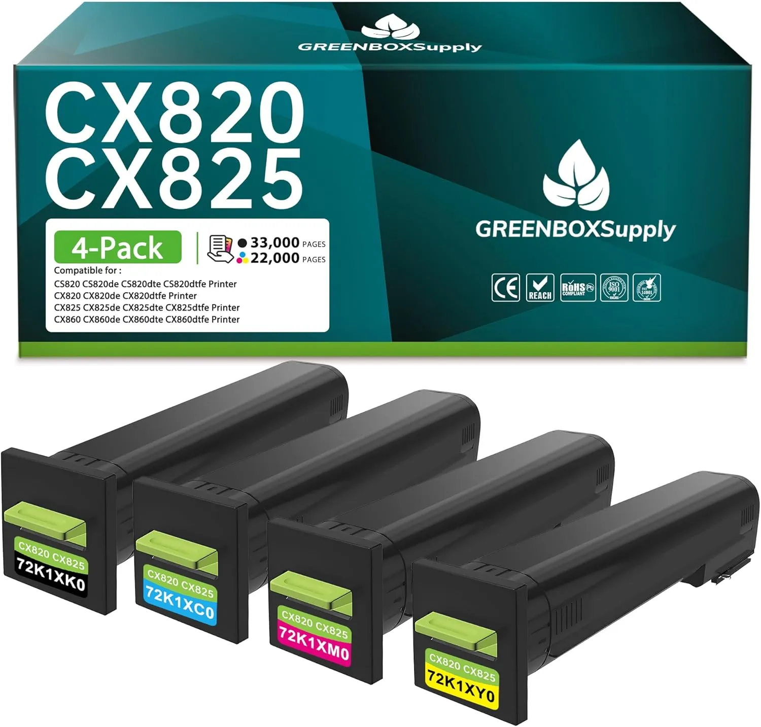 72K1XK0 72K1XC0 72K1XM0 72K1XY0 Extra High Yield Remanufactured Toner Cartridge (33,000 Pages) Compatible for Lexmark CX820de CX820dtfe CX825de CX860de CX860dte Printer Ink (4-Pack,BK/M/C/Y)