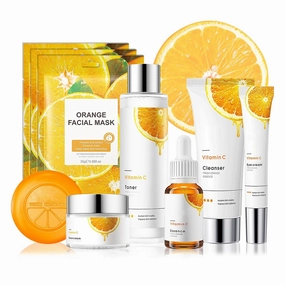 9 Pcs Travel Size Skin Care Set With Toner, Eye Cream, Facial Cleanser, Cream, Serum, Soap, Orange Masks, Hydrating Wash - Skincare Kit for All Skin Types