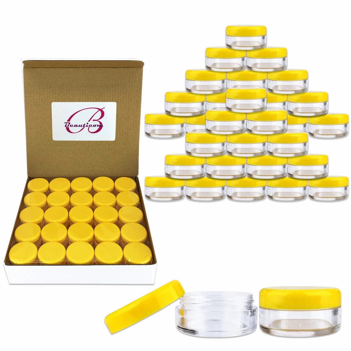 (Quantity: 150 Pieces) Beauticom 5G/5ML Round Clear Jars with Yellow Lids for Scrubs, Oils, Toner, Salves, Creams, Lotions, Makeup Samples, Lip Balms - BPA Free