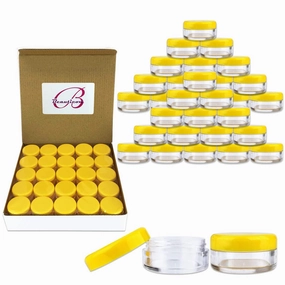(Quantity: 150 Pieces) Beauticom 5G/5ML Round Clear Jars with Yellow Lids for Scrubs, Oils, Toner, Salves, Creams, Lotions, Makeup Samples, Lip Balms - BPA Free
