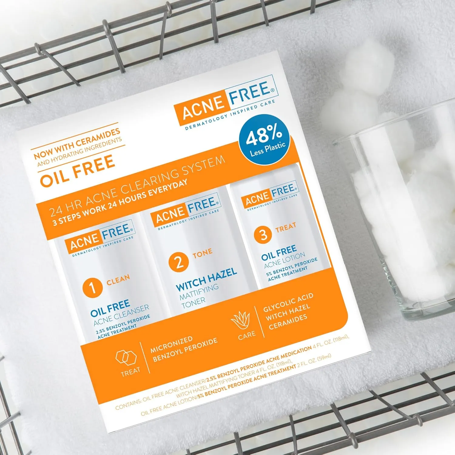 Acne Free 3 Step 24 Hour Acne Treatment Kit - Clearing System W Oil Free Acne Cleanser, Witch Hazel Toner, & Oil Free Acne Lotion - Acne Solution W/ Benzoyl Peroxide for Teens and Adults - Original