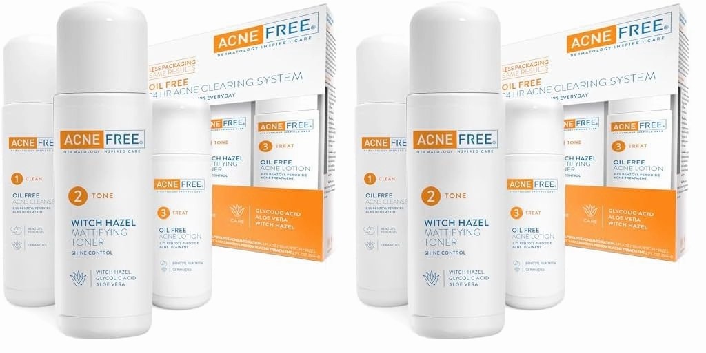 AcneFree 3 Step 24 Hour Acne Treatment Kit - Clearing System W/Oil Cleanser, Witch Hazel Toner & Lotion - Acne Solution W/ Benzoyl Peroxide for Teens & Adults