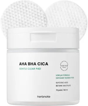 AHA BHA Cica Gentle Clear Pad - Facial Exfoliating Pad for Dead Skin Cell Care, pH Balancing & Sebum Control, Tighten Large Pores, Calm Sensitive Skin, & Moisturize Dry, Flaky Skin, 70 Sheets