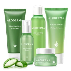Aloderma Signature Aloe Soothing & Repairing Set - 6 Pieces - 2pcs x Gel, Cleanser, Toner, Serum, Cream