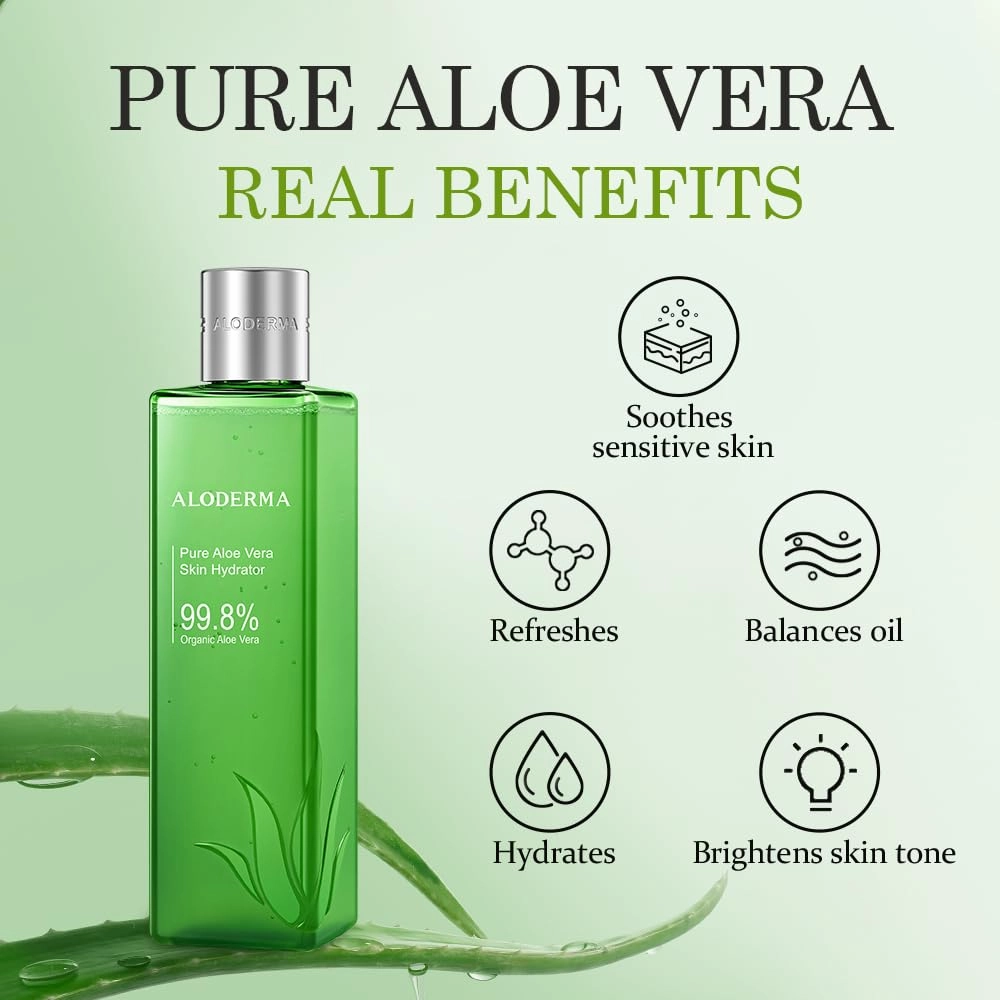 Aloderma 99.8% Organic Aloe Vera Face Hydrator Made Within 12 Hours of Harvest - Moisturizing & Hydrating Facial Toner for Oily Skin, Soothing Aloe Toner for Balanced, Smooth Skin Texture, 240ml, 3ct