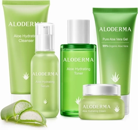 Aloderma Signature Aloe Vitality Hydrating Set - 6 Pieces - Gel, Cleanser, 2X Toner, Serum, Cream