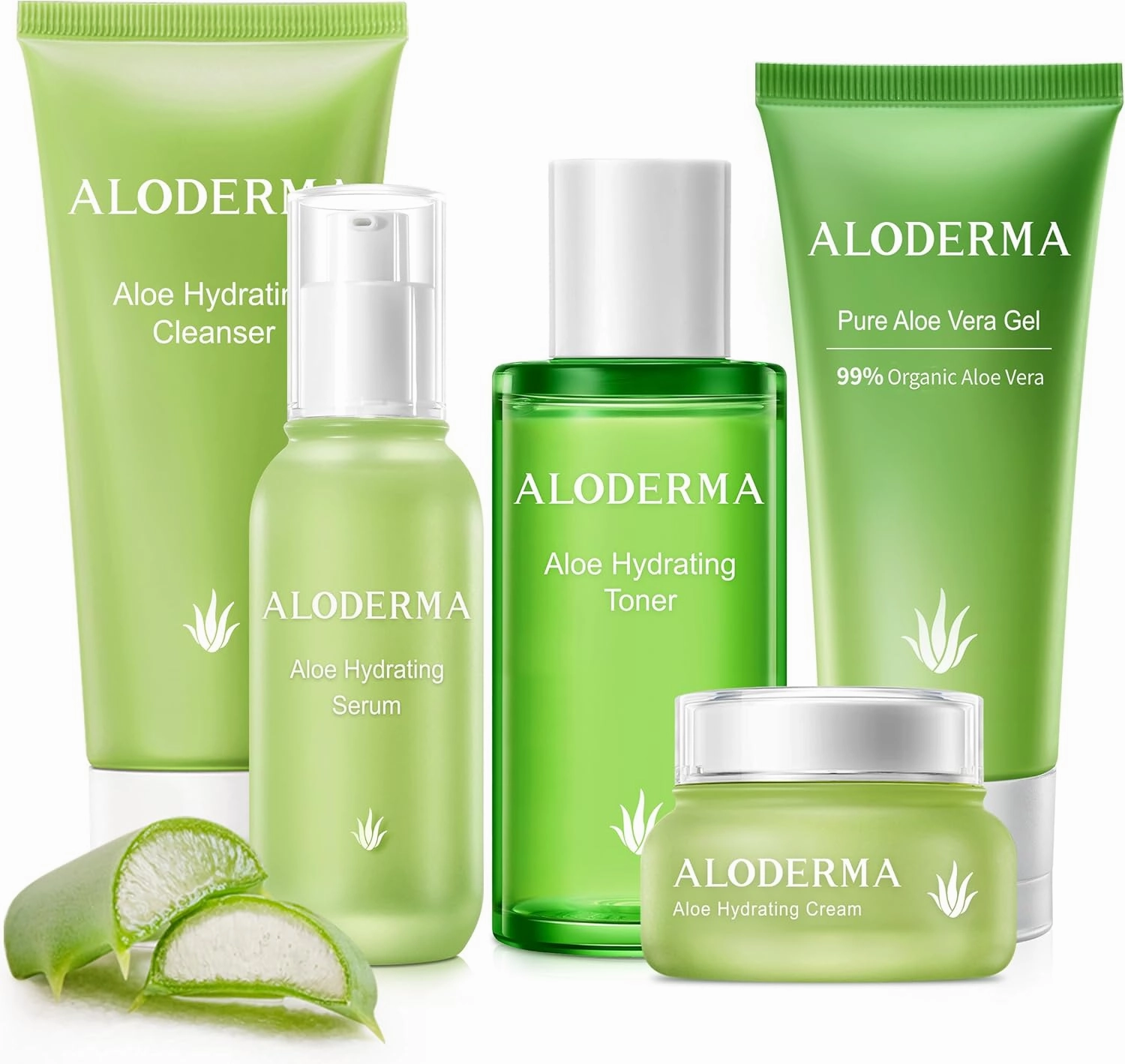 Aloderma Signature Aloe Vitality Hydrating Set - 6 Pieces - Gel, Cleanser, 2X Toner, Serum, Cream