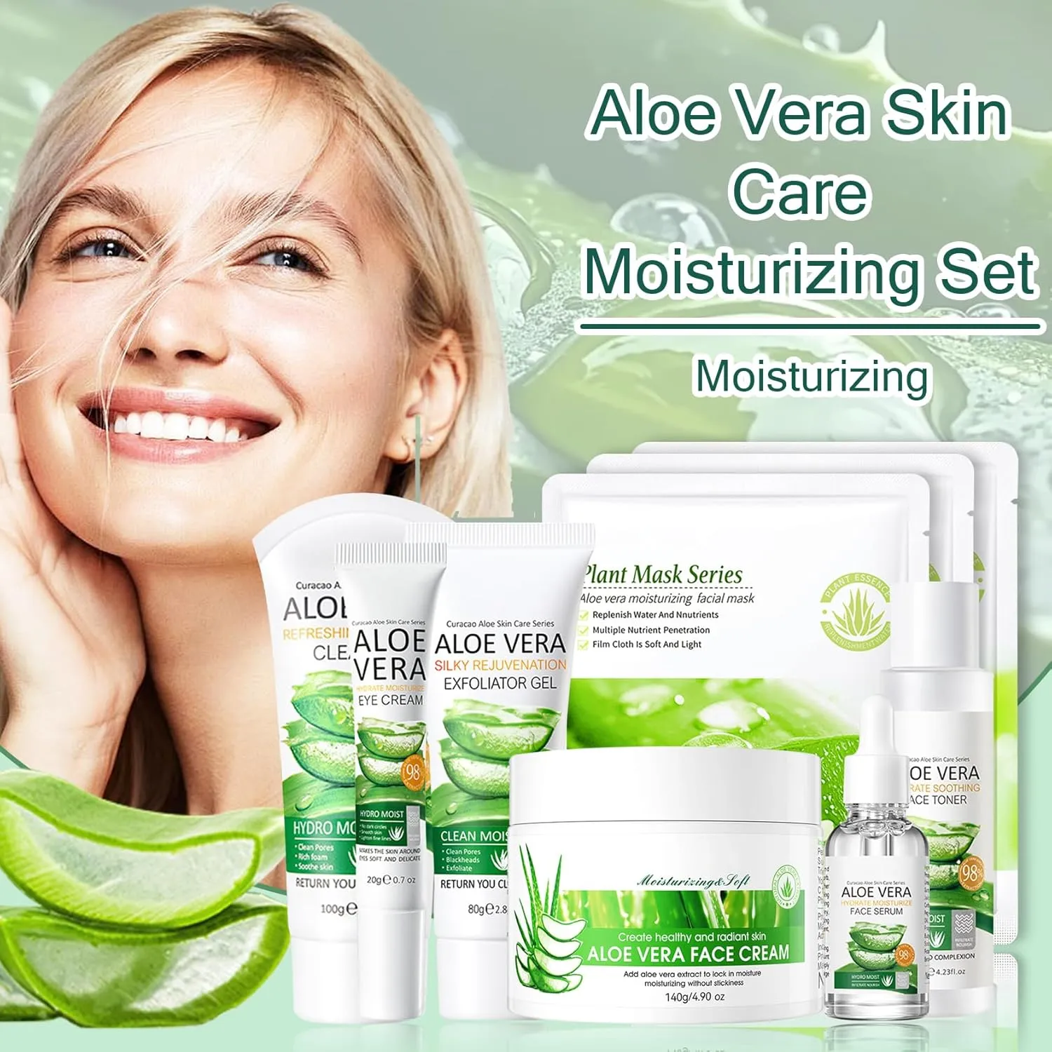 Aloe Vera Face Skincare Set,9 Pcs Aloe Vera Skin Care Set with Face Masks,Exfoliating Gel, Wash,Toner, Serum, Moisturizer Cream,Eye Cream,Moisturizing Skin Care Kit
