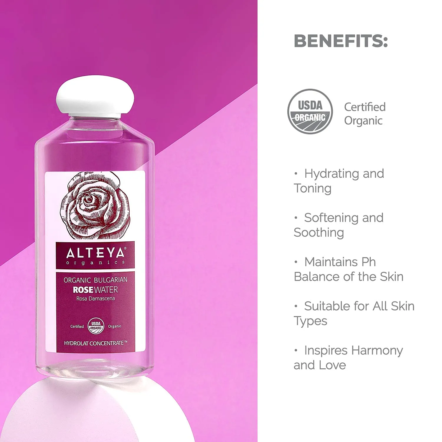 Alteya Organics Rose Water USDA Certified Organic Facial Toner, 17 Fl Oz/500mL Pure Bulgarian Rosa Damascena Flower Water, Award-Winning Moisturizer BPA-Free Bottle with Reducer