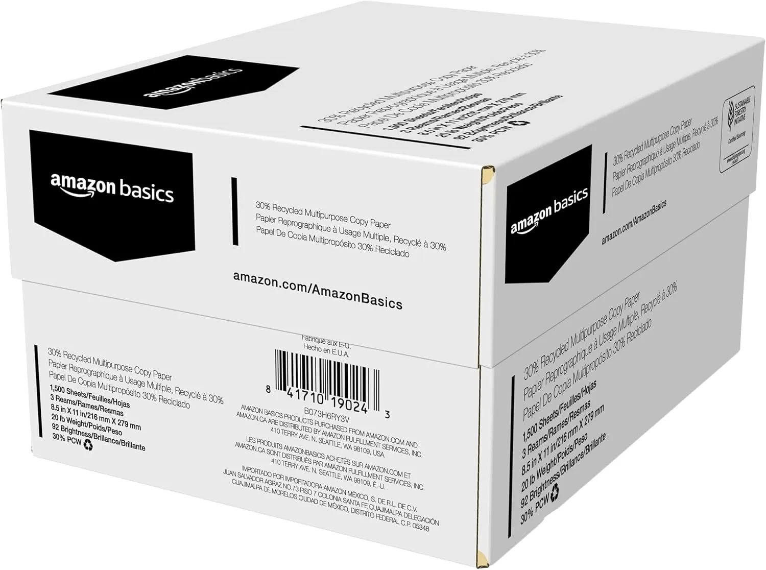 Amazon Basics 30% Recycled Multipurpose Copy Printer Paper, No Jams, 8.5-x-11-inch, 3 Reams (1500 Sheets), White