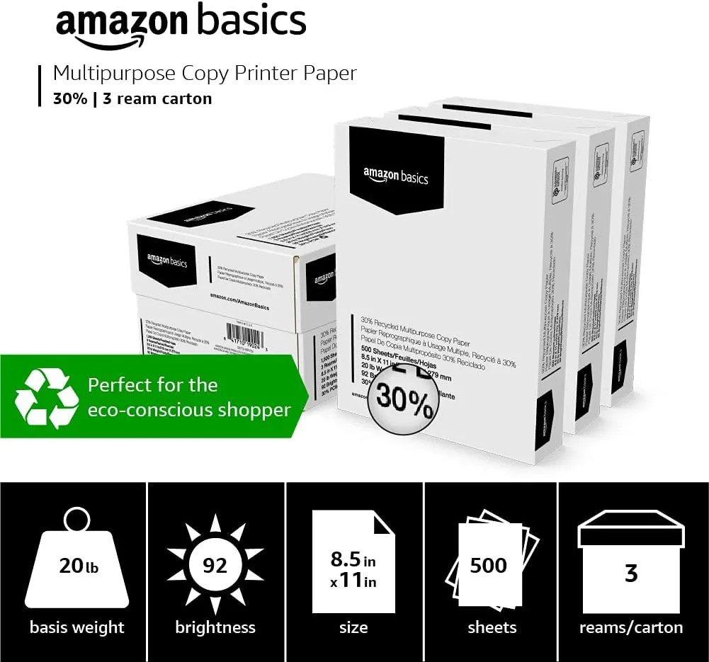 Amazon Basics 30% Recycled Multipurpose Copy Printer Paper, No Jams, 8.5-x-11-inch, 3 Reams (1500 Sheets), White