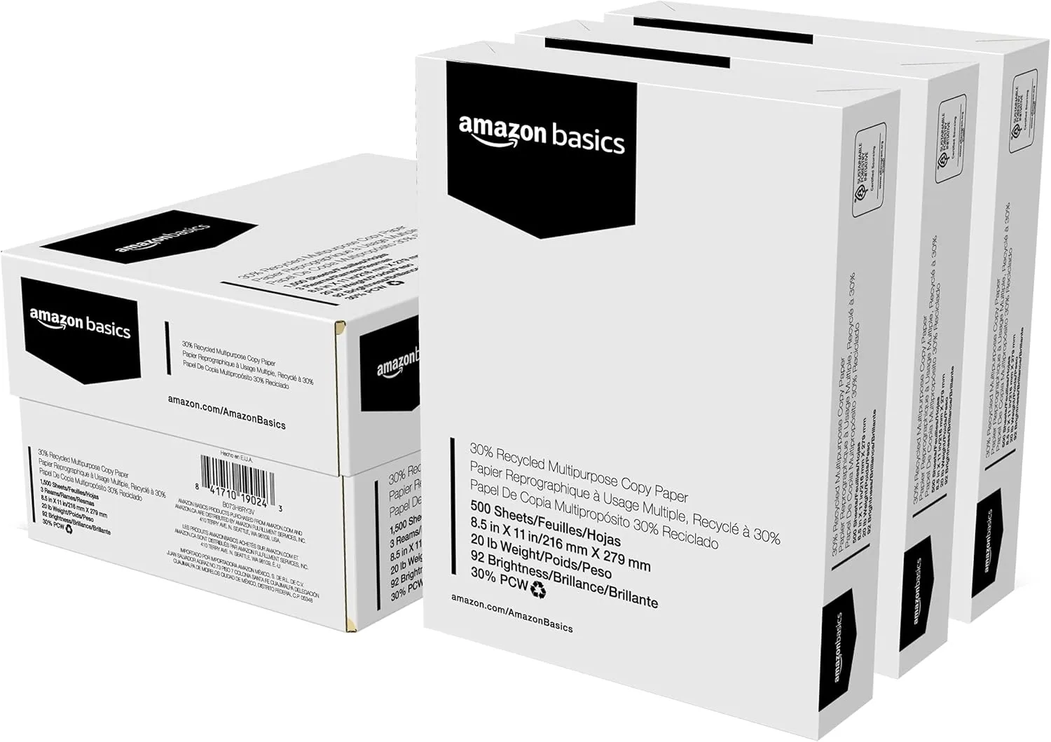 Amazon Basics 30% Recycled Multipurpose Copy Printer Paper, No Jams, 8.5-x-11-inch, 3 Reams (1500 Sheets), White