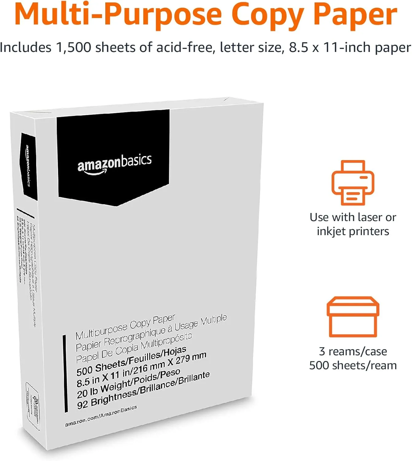 Amazon Basics Multipurpose Copy Printer Paper, 8.5 x 11 in, 20 lb, 3 Reams, 1500 Sheets, 92 Bright, White