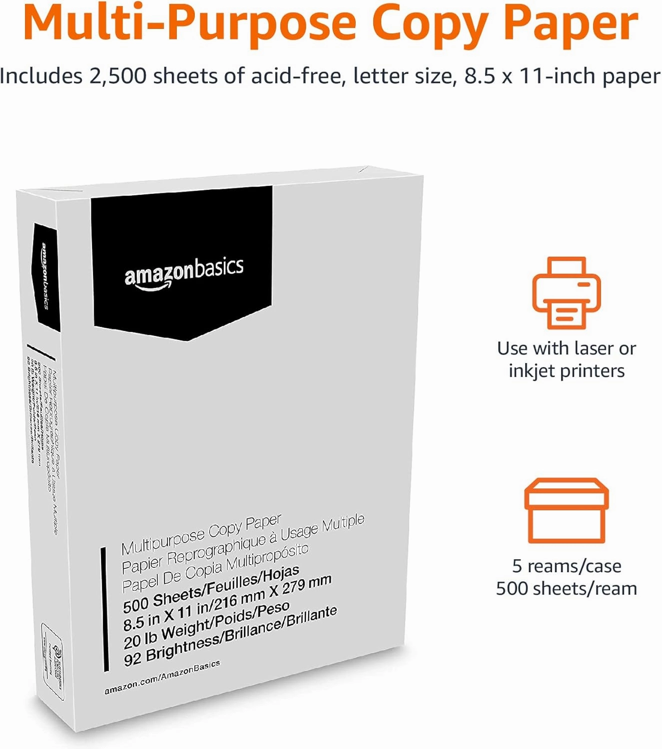 Amazon Basics Multipurpose Copy Printer Paper, 20 lb, 92 Bright, 8.5" x 11", White, 5 Reams, 2500 Sheets