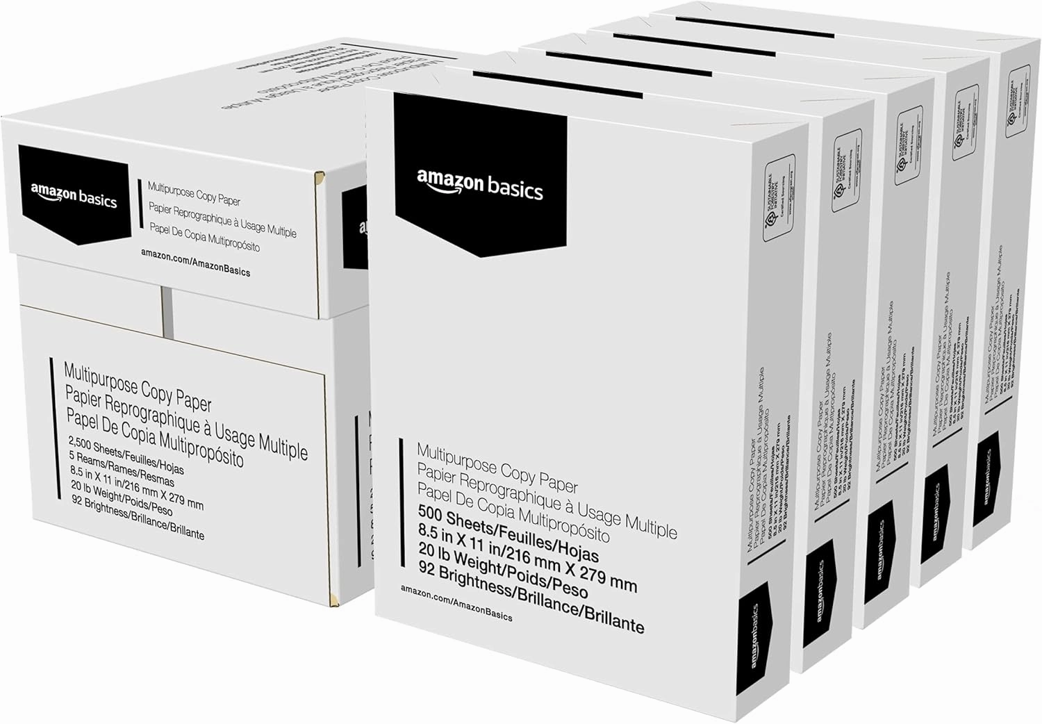Amazon Basics Multipurpose Copy Printer Paper, 20 lb, 92 Bright, 8.5" x 11", White, 5 Reams, 2500 Sheets