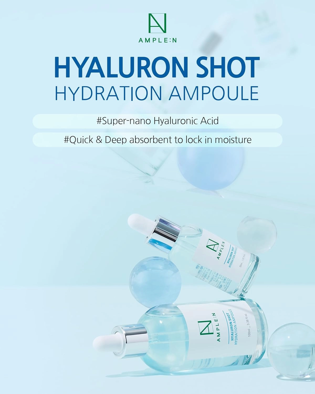 AMPLE:N Hyaluron Shot Hydration Serum – Plumping Face Serum with Hyaluronic Acid and Xylitol - Ultra Hydrating Moisturizer to Reduce Wrinkles and Restore Vitality and Glow, 3.38 fl.oz.