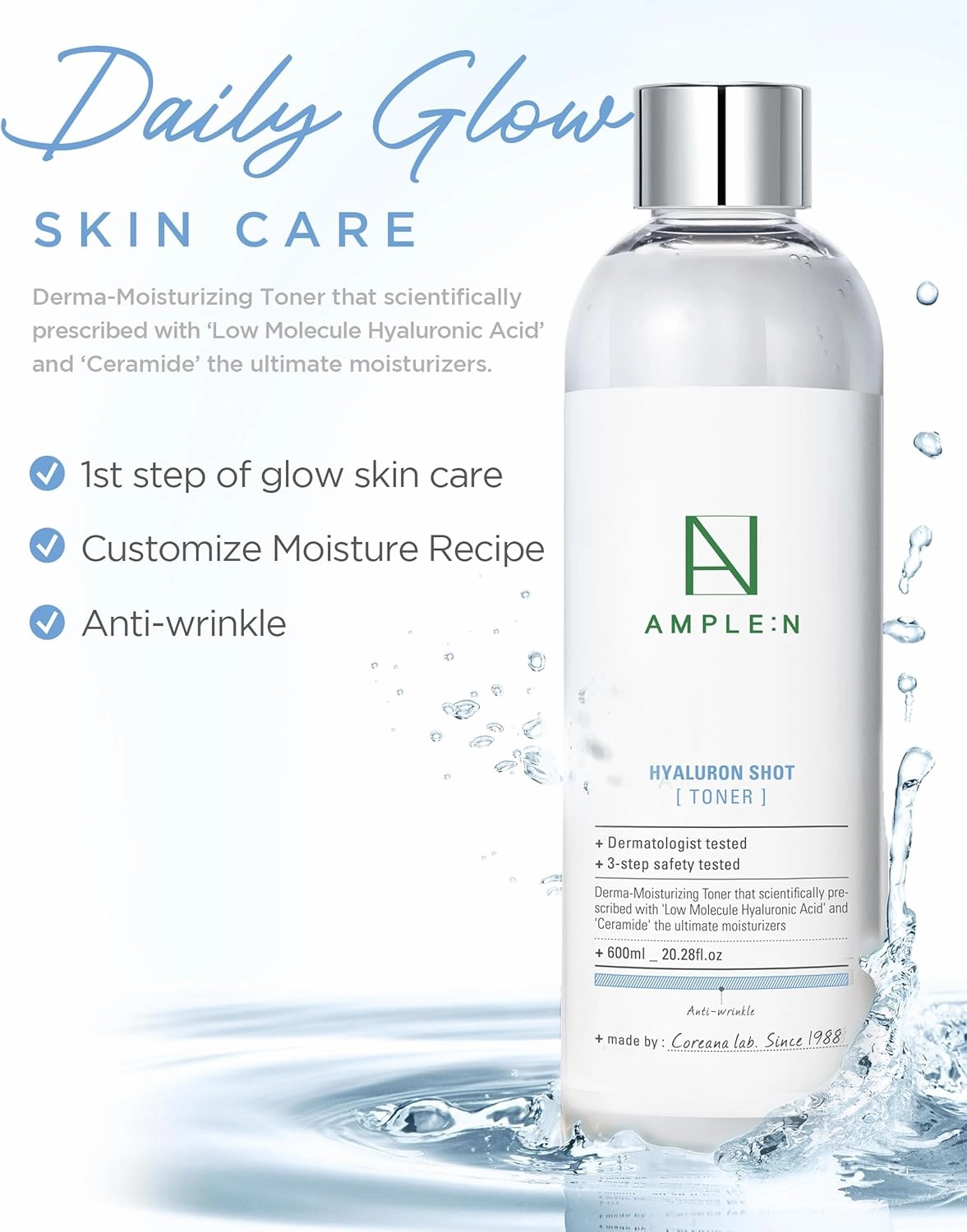 Ample:N Hyaluron Shot Toner – Korean Hyaluronic Acid and Ceramide Hydrating Face Toner - Moisturizing Essence for Minimizing Wrinkles – Dewy Healthy Glow Skin Booster for Dry Skin, 20.3 fl.oz.