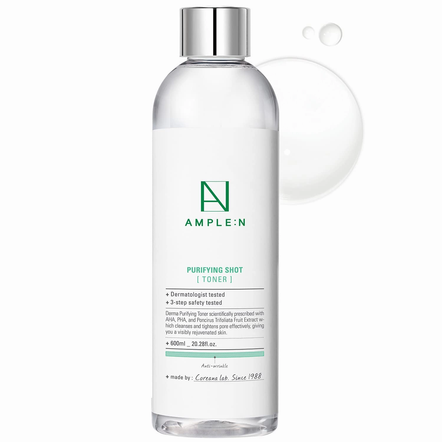 Ample:N Purifying Shot Toner - Korean AHA, PHA Pore Refining Face Toner for Oily and Acne Skin - Refreshing Pore Tightening Astringent – Removes Dead Skin Cells - 20.3 fl.oz.