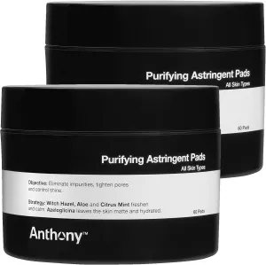 Anthony Witch Hazel Pads Pore Cleaner: 60 Count 2-Pack, Purifying Astringent Cleansing Toner Pads – Aloe Vera, and Citrus Mint, Eliminate Impurities, Minimize Pores and Control Shine