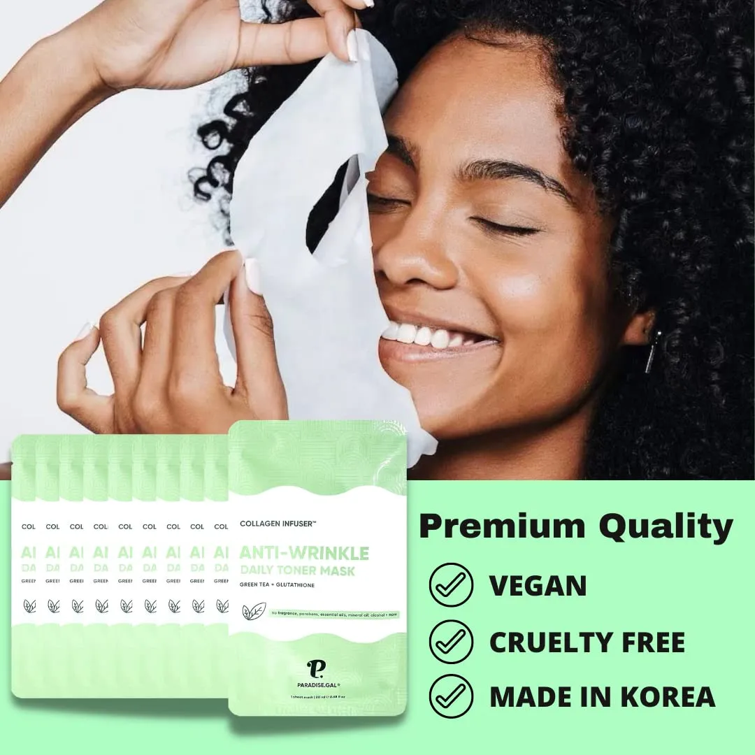 Anti-Wrinkle Face Masks (10-Pack) Korean Skincare Infused with Collagen, Green Tea, Glutathione, Niacinamide & Ceramide - Hydrating Solution for Smooth, Youthful Skin