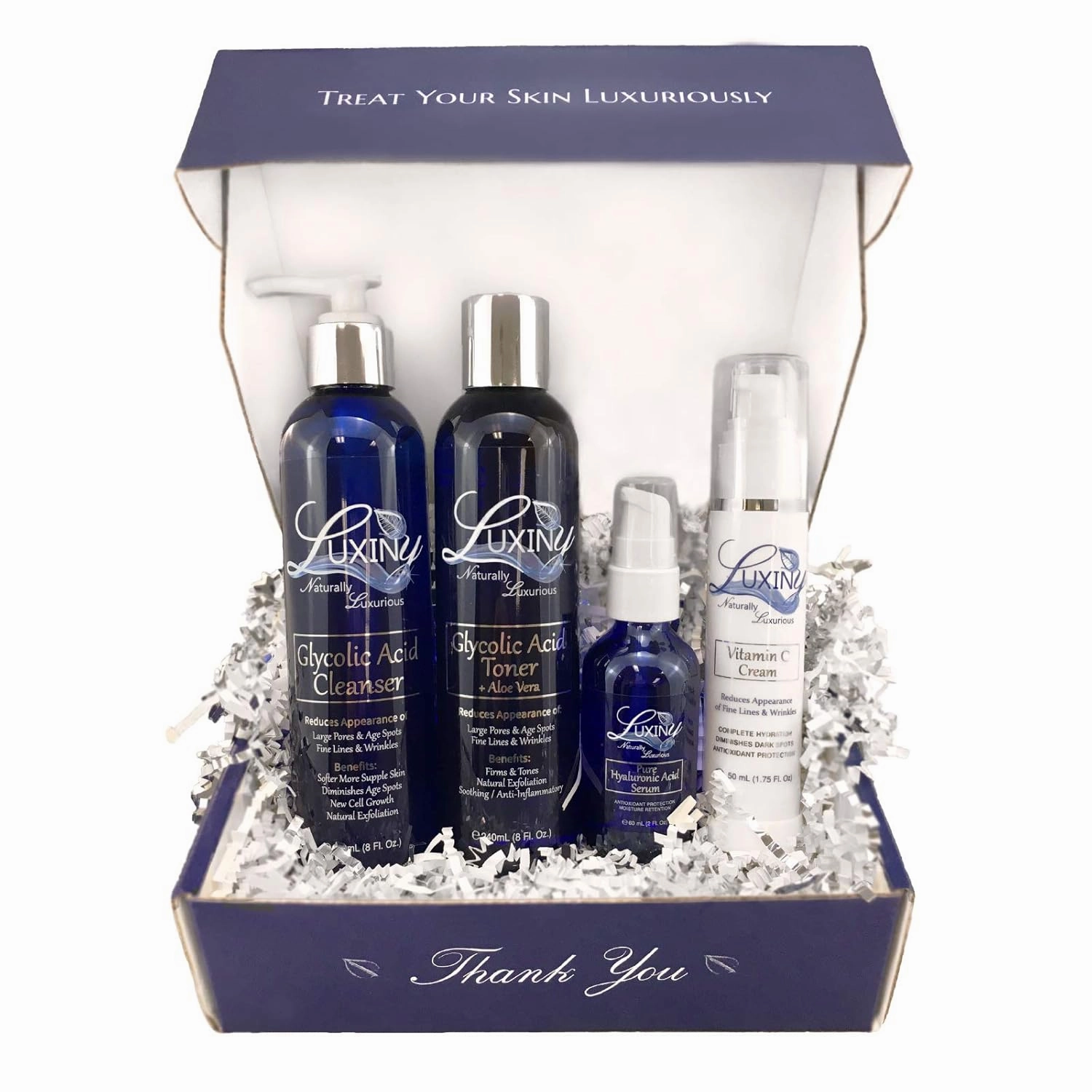 Anti-Aging Skin Care Set for Women & Men – 4-Piece Kit with 10% Glycolic Acid Cleanser, Glycolic Acid Toner, Hyaluronic Acid Serum, and Vitamin C Moisturizer