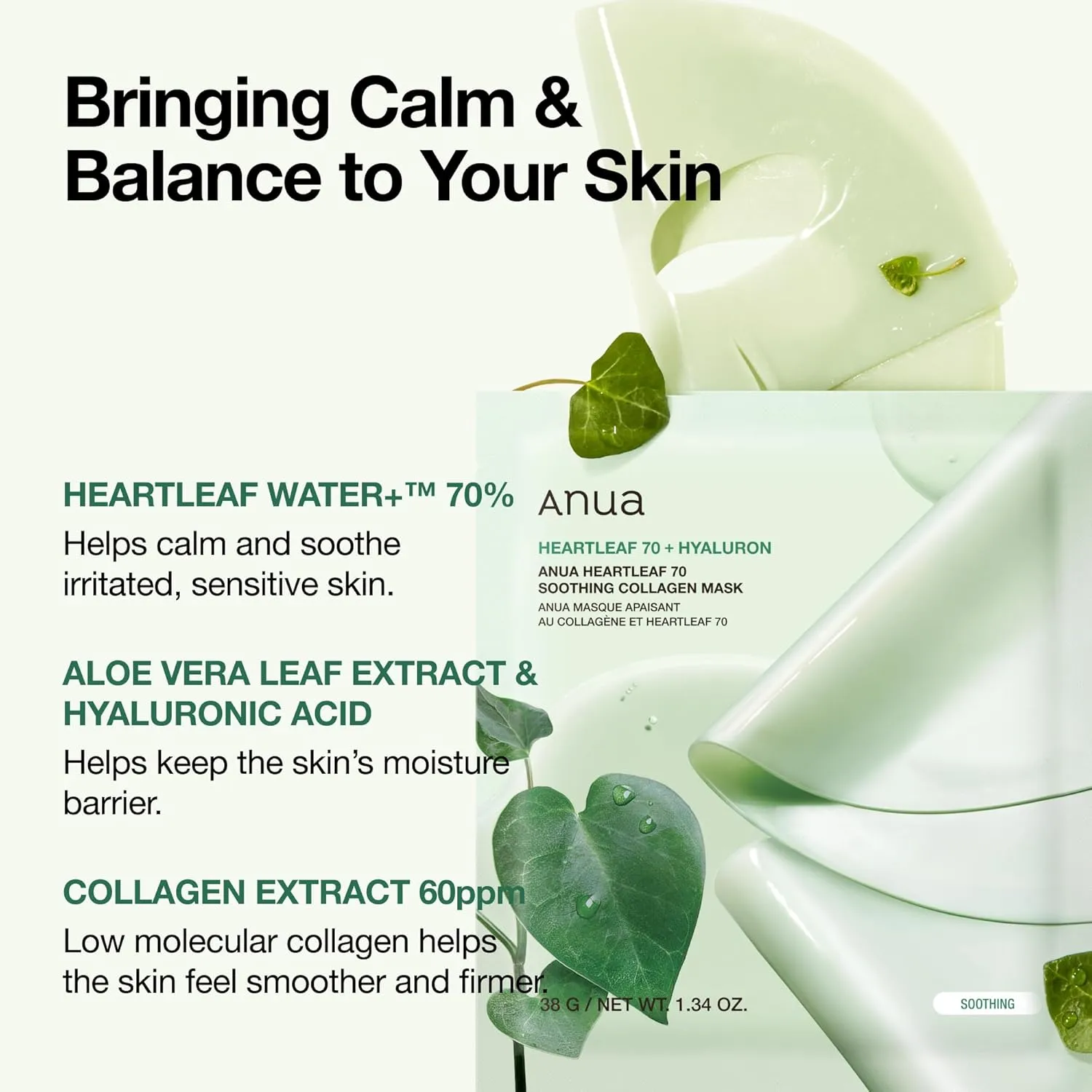 ANUA Heartleaf 70 Soothing Collagen Mask, Overnight Face Mask for Glass Skin, hyaluronic acid, Collagen, Soothing & hydration Facial Mask for Sensitive Skin, Natural Color, Korean Skin Care (38g, 4ea)