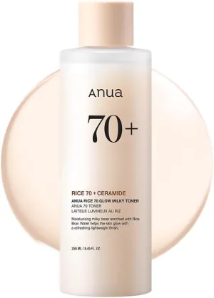 ANUA Rice 70 Glow Milky Toner, for Glass Skin, Rice Water, Niacinamide, Ceramides, Panthenol, Fragrance-Free, Non comedogenic, Fungal Acne Safe, Korean Skin Care, 250ml/8.45fl.oz.