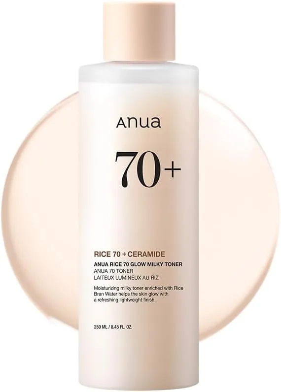 ANUA Rice 70 Glow Milky Toner, for Glass Skin, Rice Water, Niacinamide, Ceramides, Panthenol, Fragrance-Free, Non comedogenic, Fungal Acne Safe, Korean Skin Care, 250ml/8.45fl.oz.