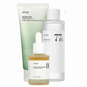 ANUA Quercetinol Pore Deep Cleansing Foam, Heartleaf 77% Soothing Toner & 80% Soothing Ampoule Set