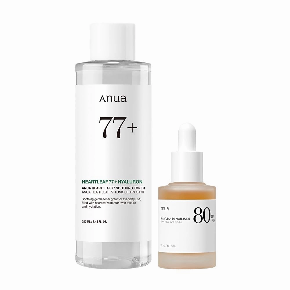 Anua Skin Relief Duo for Calming Skin, Heartleaf 77 pH 5.5 Soothing Toner, Heartleaf 80 Calming Ampoule for Sensitive Skin, panthenol B5, Hydrating, Soothing Effect, Vegan, Korean Skincare Set