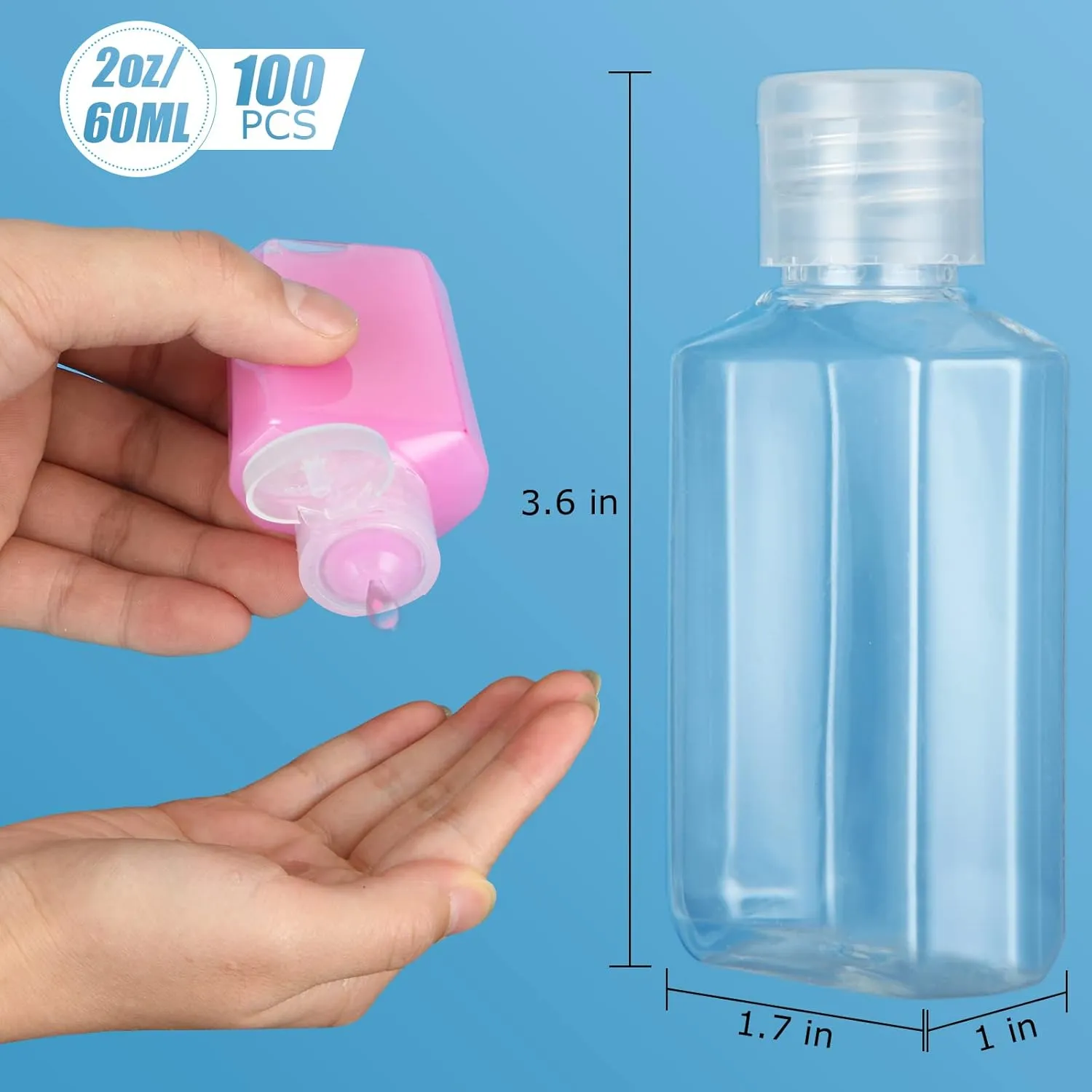 APACALI 100PCS Plastic Travel Bottles 2oz Mini Shampoo Bottles Small Empty Bottles Refillable Cosmetic Containers with Flip Cap Clear Portable Small Bottles for Liquid, Lotions, Toner, Body Soap