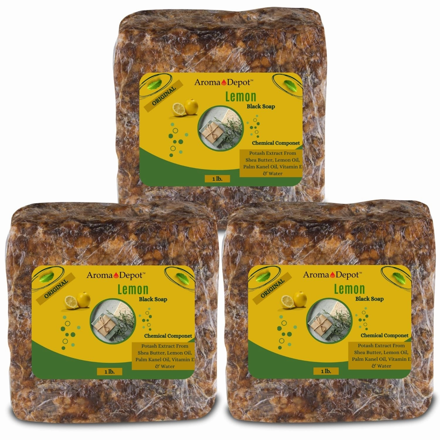Aroma Depot Lemon Raw African Black Soap 3 lb / 48 oz 100% Natural soap for Acne, Eczema, Psoriasis, Scar Removal Face And Body Wash. Handmade