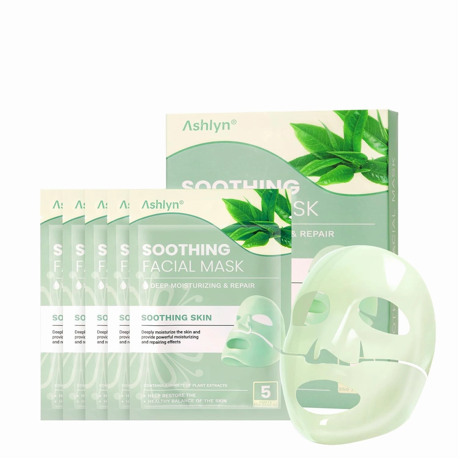 Ashlyn Green Tea Soothing Collagen Face Mask - Overnight Hydrating Sheet Mask with Hyaluronic Acid & Collagen for Sensitive Skin, Deep Moisture Calming Relief for Glass Skin, 35g, 5ea