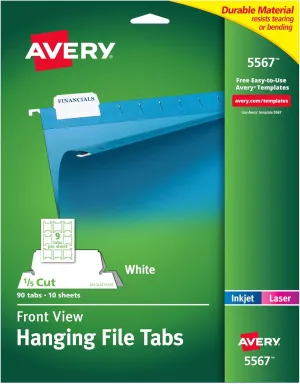 Avery Printable Hanging File Folder Tabs, 1/5 Cut, White, 90 Total (5567)