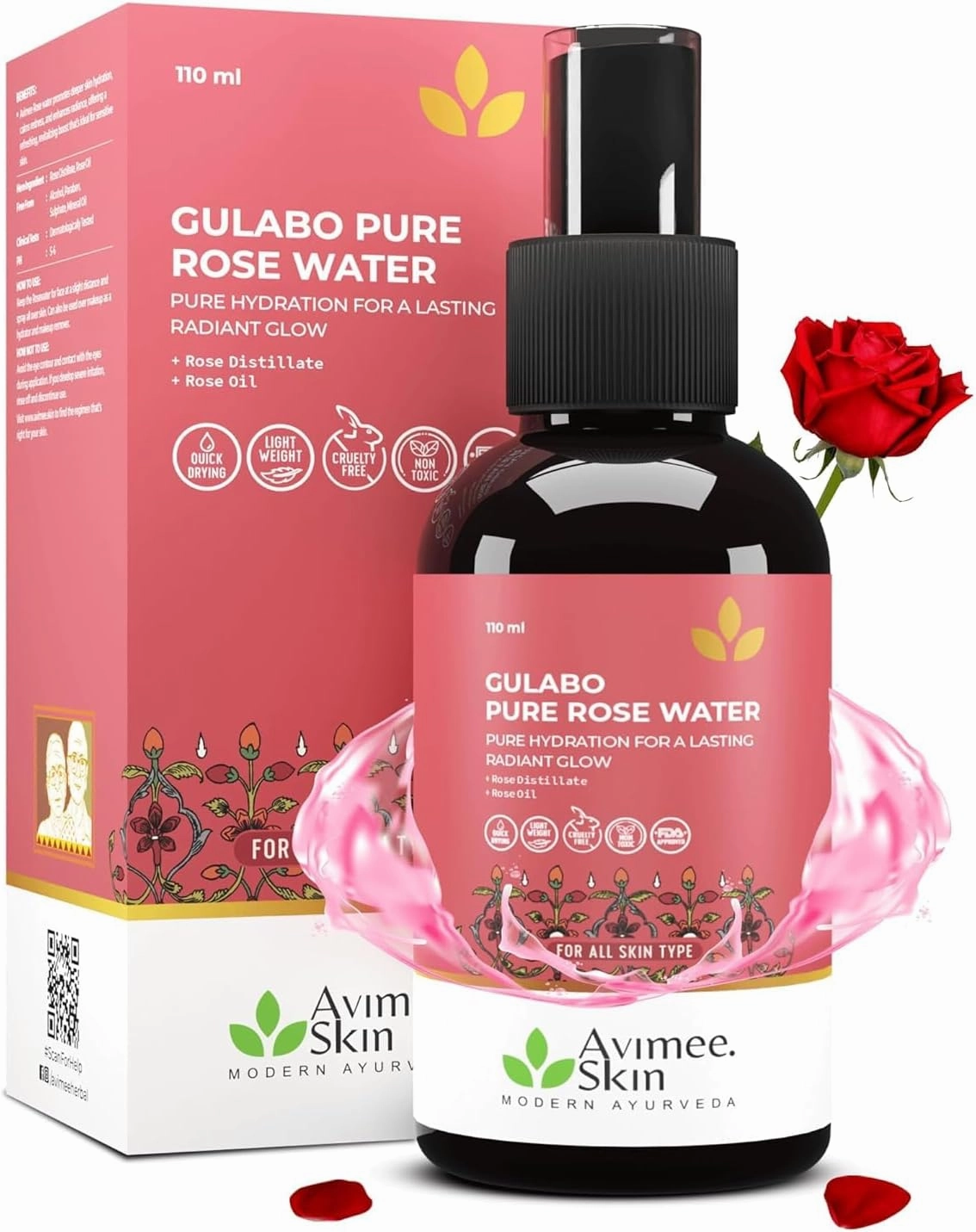Avi.mee Herbal Gulabo Premium Rose Water, Toner for Face, Skin & Hair, Suitable for All Skin Types, 110ml (3.72 fl oz)