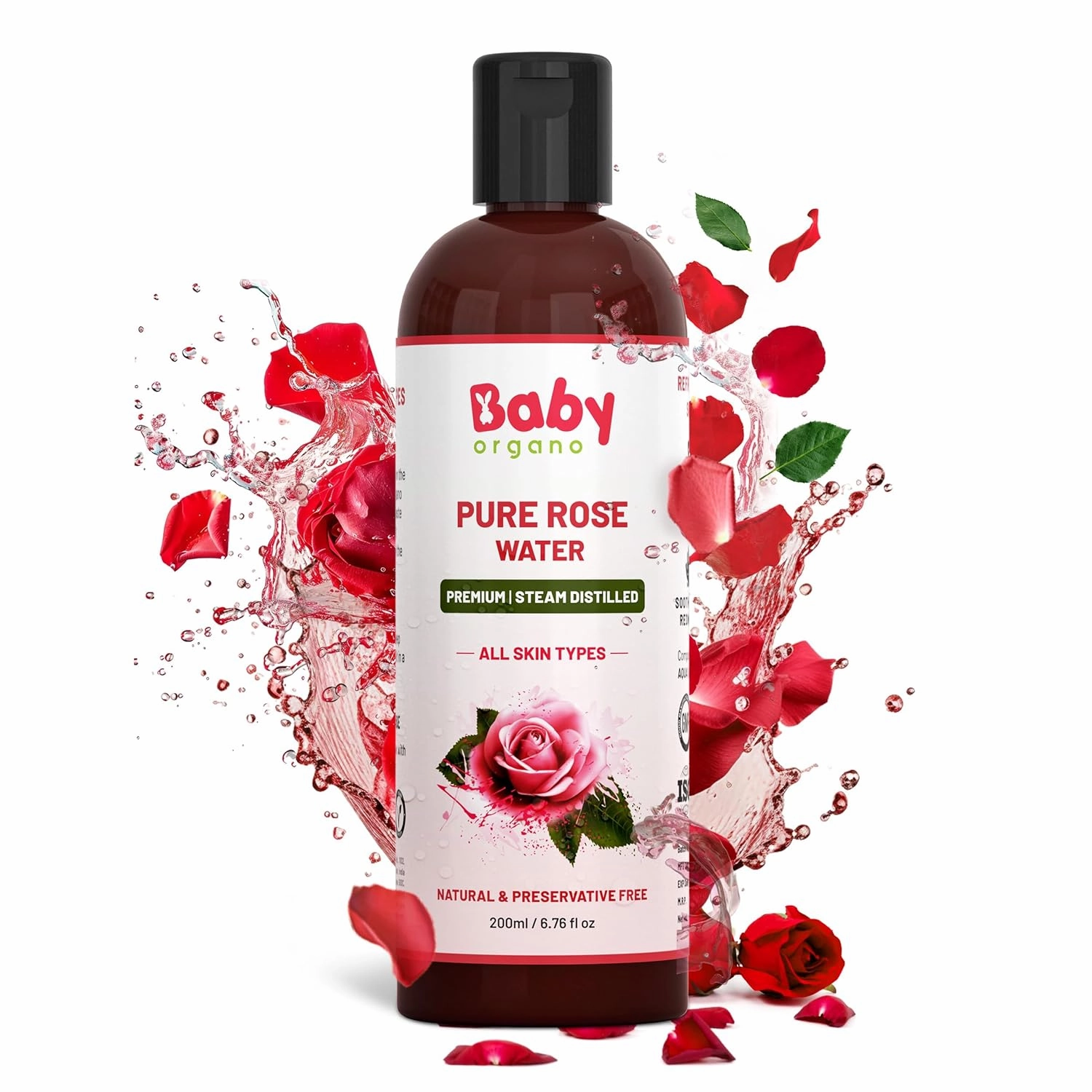 Babyorgano Premium Rose Water 200ml | Pure & Natural Preservative Free Skin Toner, Face Cleanser | Balances PH | Tightens Pores | BOAZROSEWATERUS 200 ml (Pack of 1) Transparent