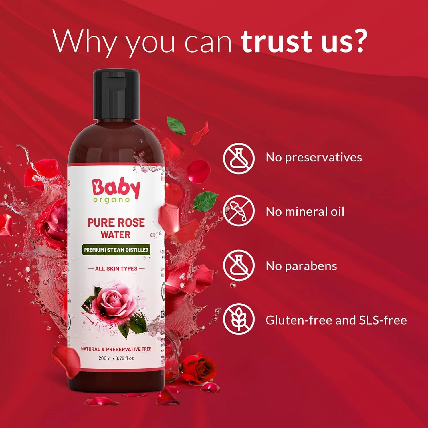 Babyorgano Premium Rose Water 200ml | Pure & Natural Preservative Free Skin Toner, Face Cleanser | Balances PH | Tightens Pores | BOAZROSEWATERUS 200 ml (Pack of 1) Transparent
