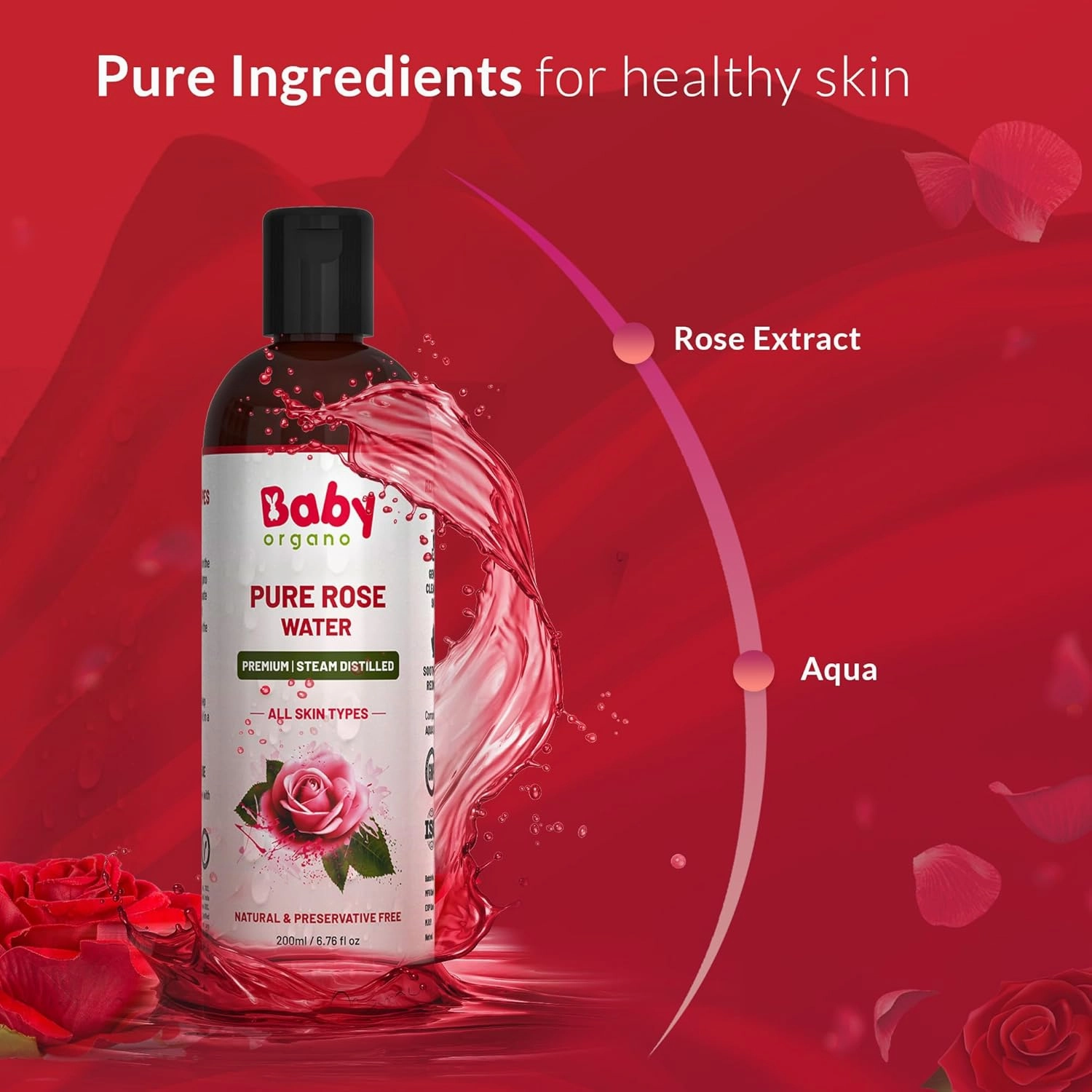 Babyorgano Premium Rose Water 200ml | Pure & Natural Preservative Free Skin Toner, Face Cleanser | Balances PH | Tightens Pores | BOAZROSEWATERUS 200 ml (Pack of 1) Transparent